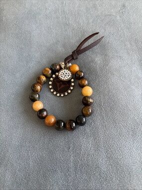 Designer-Inspired Brown Tiger Eye Beaded Bracelet with Charm